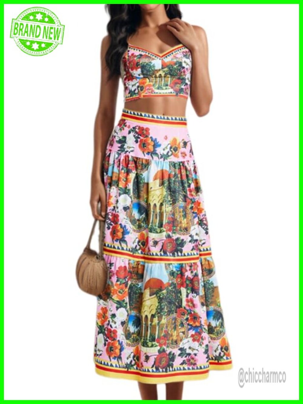 Women's 2 Piece Skirt Set Halter Crop Top High Waist Maxi Skirt Summer Vacation